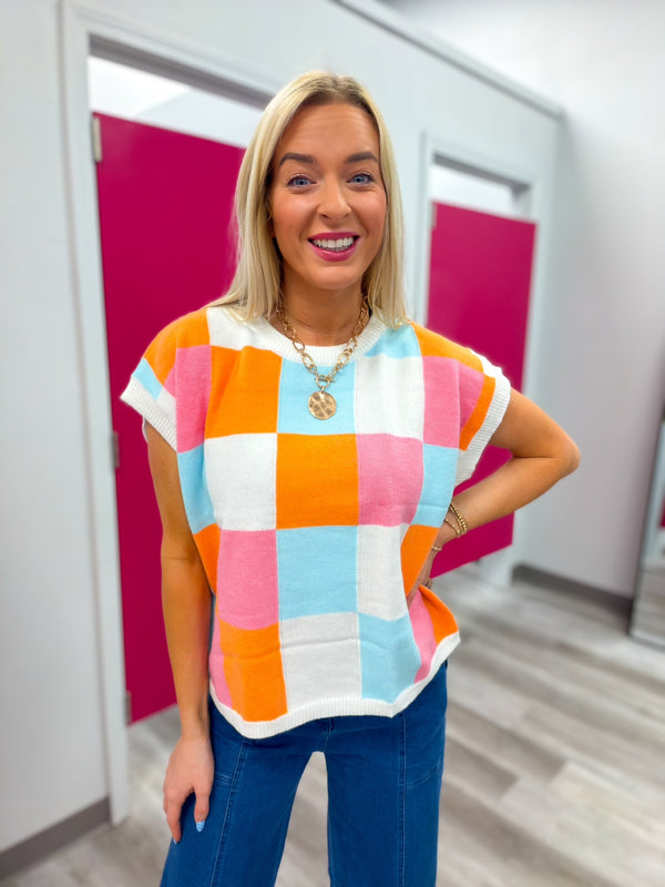 Color Me Happy Checkered Short Sleeve Sweater