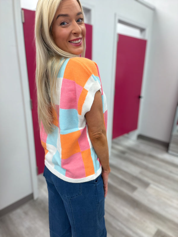 Color Me Happy Checkered Short Sleeve Sweater