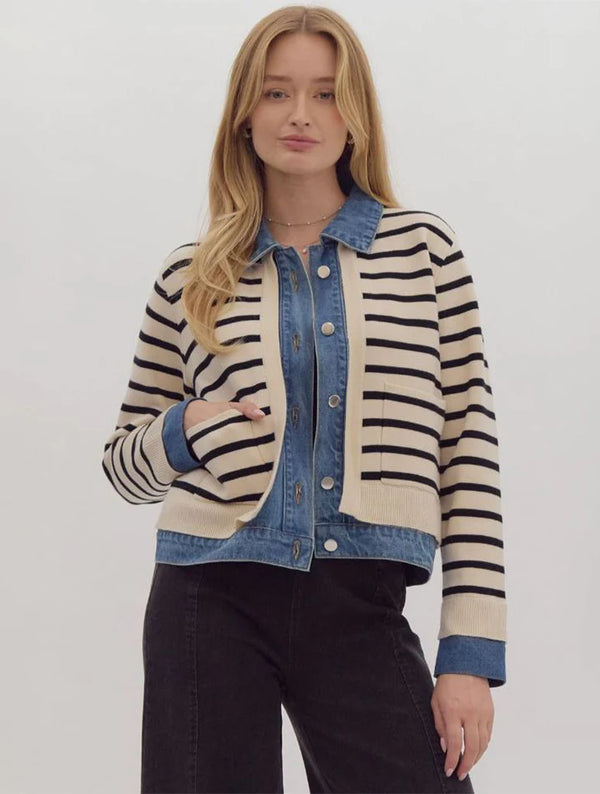 Mixed Media Denim Stripe Jacket