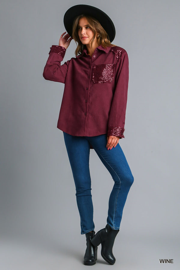 Wine Sequin Collared Button Down Shacket