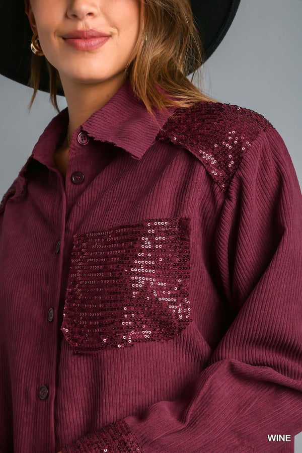 Wine Sequin Collared Button Down Shacket