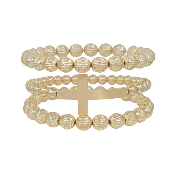 Water Resistant Textured Gold Beaded and Cross Set of 3 Bracelets