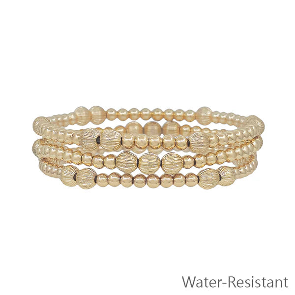 Water Resistant Small Gold Textured Beaded Set of 3 Stretch Bracelets