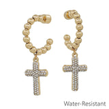 Water Resistant Gold Beaded with Rhinestone Cross 1.5" Hoop Earring