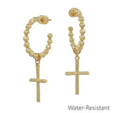 Water Resistant Gold Metal Ball Hoop Cross Charm 1" Earring