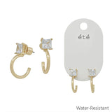 Water Resistant Square Stone Stud with Gold Huggie Hoop Earring