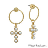 Water Resistant 1.5" Open Circle with Cross Pearl Earring