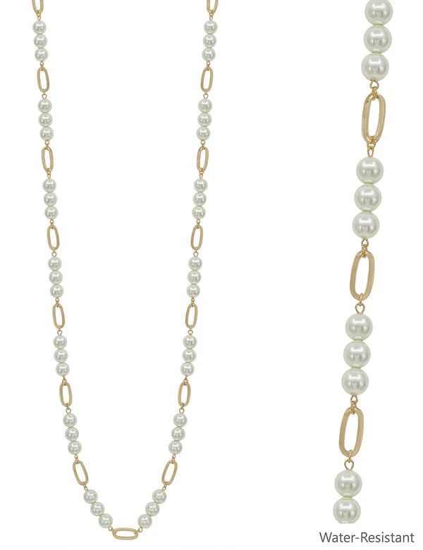 Water Resistant Pearl Beaded 10MM Beaded and Open Oval 34" Necklace