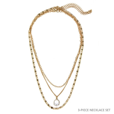 Gold Triple Layered Chain with Crystal Set of 3 16"-18" Necklace