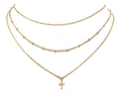 Gold Dainty Chain with Pearl Cross Layered 16"-18" Necklace