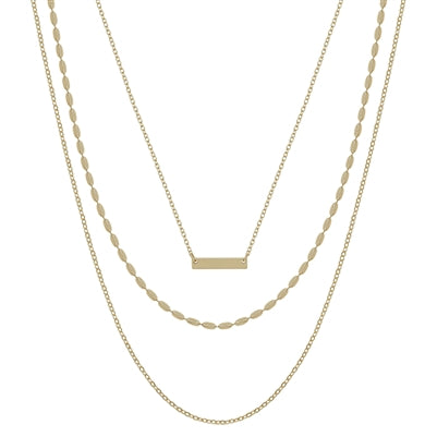 Triple Layered Gold Bar and Textured Chain 16"-18" Necklace