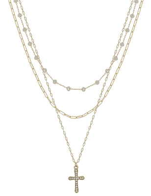White Crystal Beaded and Gold Pave Cross 16"18" Necklace