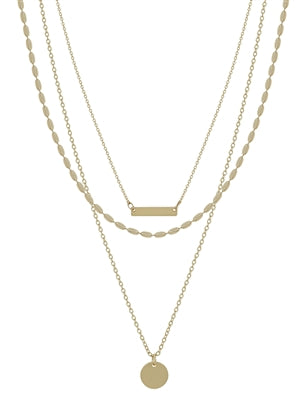 Triple Layered Gold Bar with Circle Charm 16"-18" Necklace