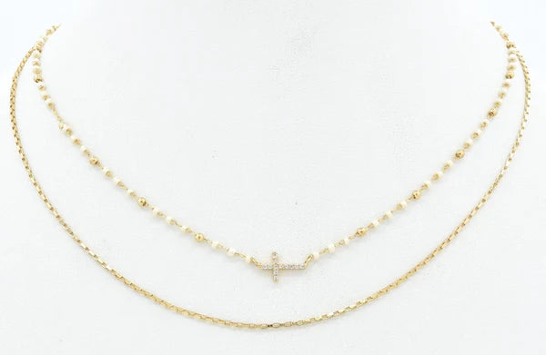 White Beaded and Gold Chain Layered Small Cross 16"-18" Necklace