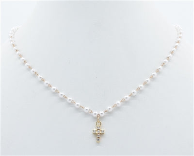 Small Pearl and Gold Chain 16"-18" Necklace with Small Gold Cross Charm