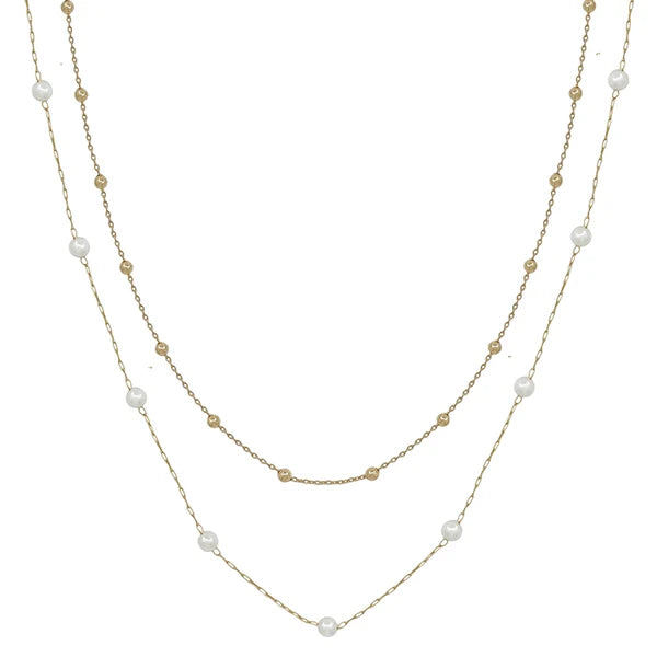 Water Resistant Gold Beaded and Pearl Layered 16"-18" Necklace