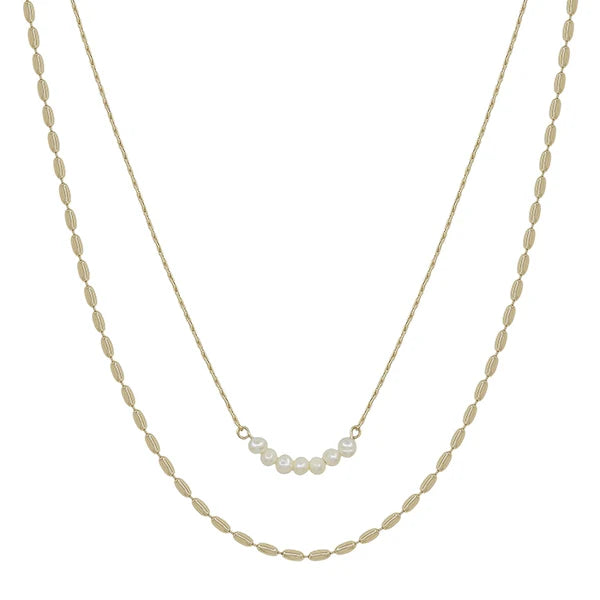 Gold Oval and Freshwater Pearl Layered 16"-18" Necklace