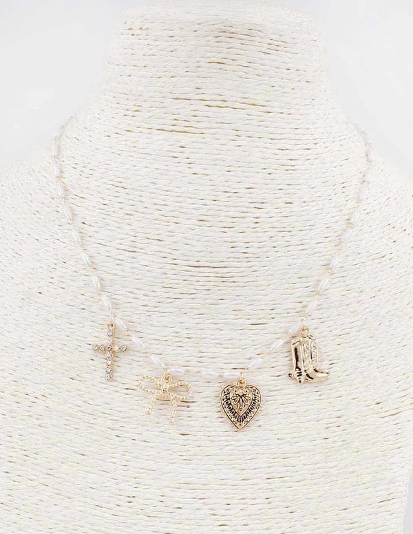 Gold  Pearl with Boot, Heart, Bow, and Cross 16"-18" Necklace