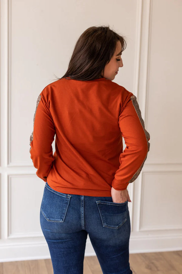 Rust Sequin Sleeve Leopard Pumpkin Top