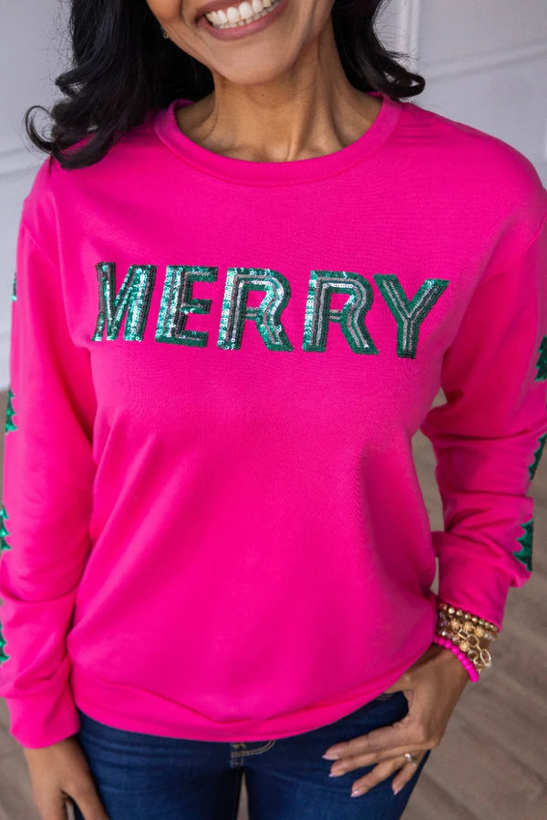 Pink Merry Sequin Christmas Tree Pullover