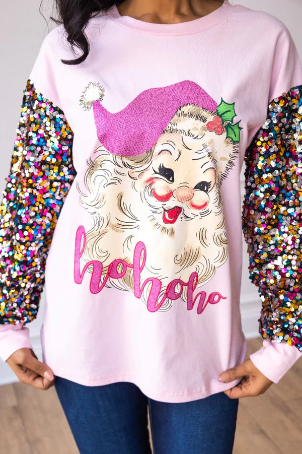 Pink Sequin Sleeve Santa Claus Top