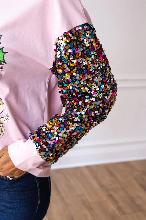 Pink Sequin Sleeve Santa Claus Top