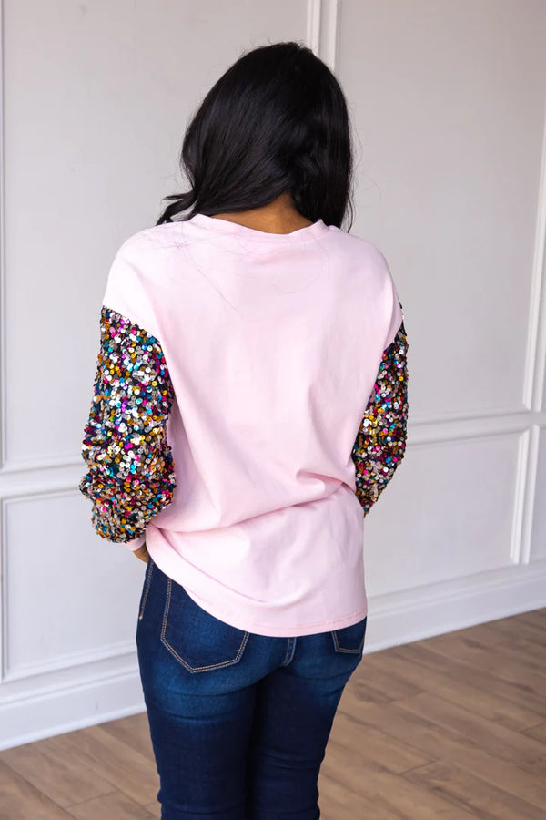 Pink Sequin Sleeve Santa Claus Top