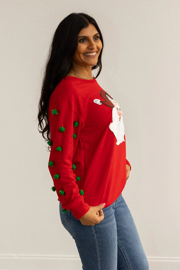 Red Sequin and Puff Ball Sleeve Santa Claus Top