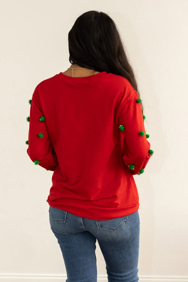 Red Sequin and Puff Ball Sleeve Santa Claus Top