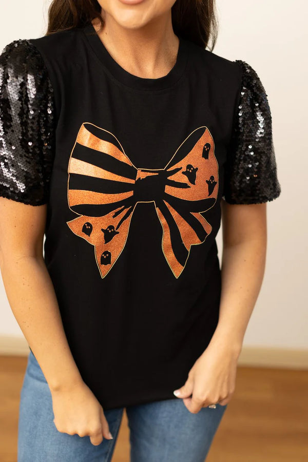 Halloween Bow Top with Sequin Sleeves