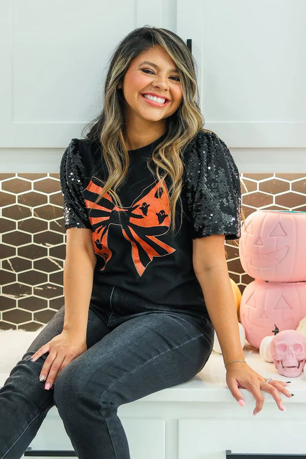 Halloween Bow Top with Sequin Sleeves