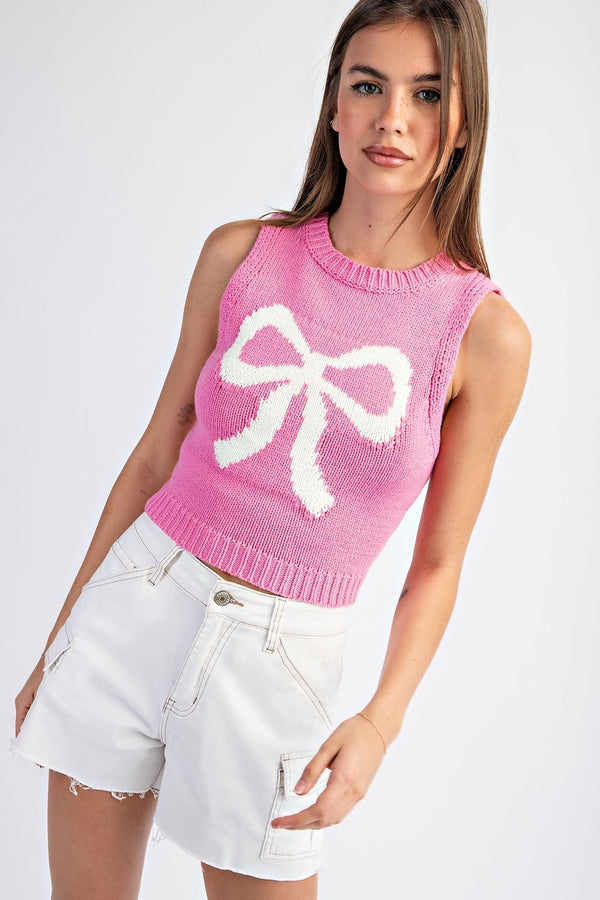 Bow Sleeveless Knit Sweater - Pink