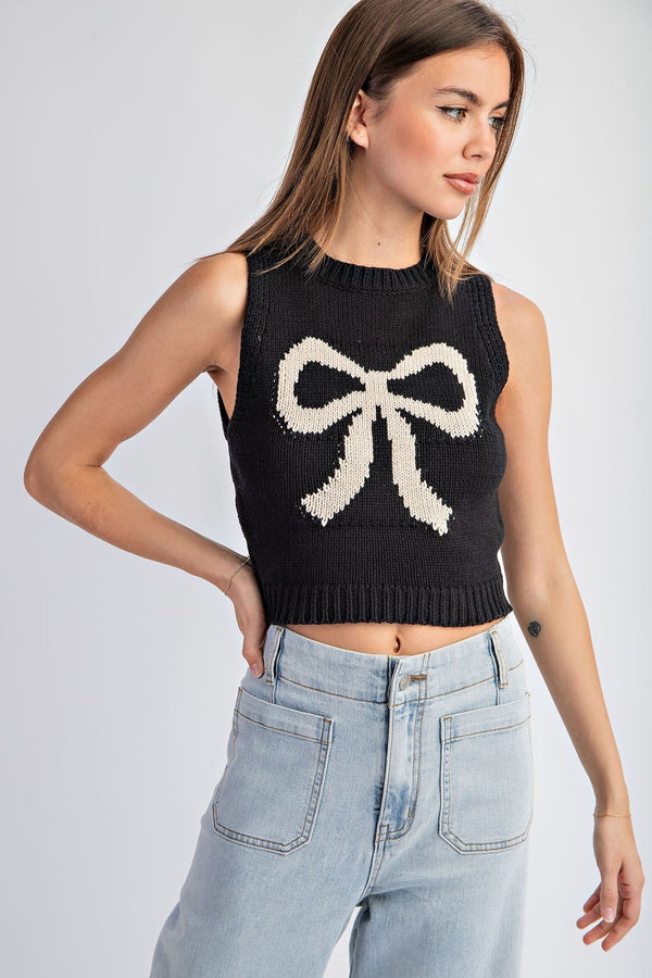 Bow Sleeveless Knit Sweater - Black