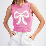 Bow Sleeveless Knit Sweater - Pink