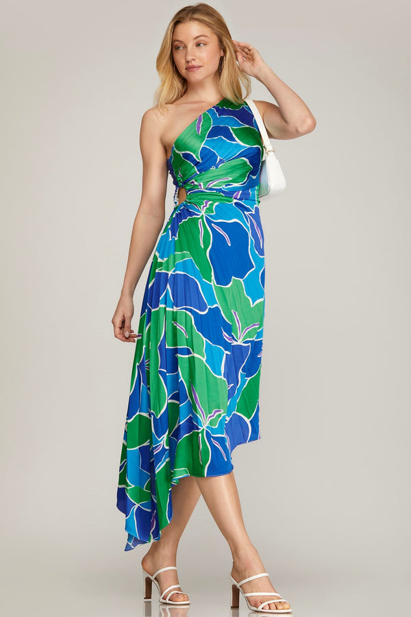 Take Me to the Tropics One Shoulder Dress - Blue and Green - ONLINE ONLY