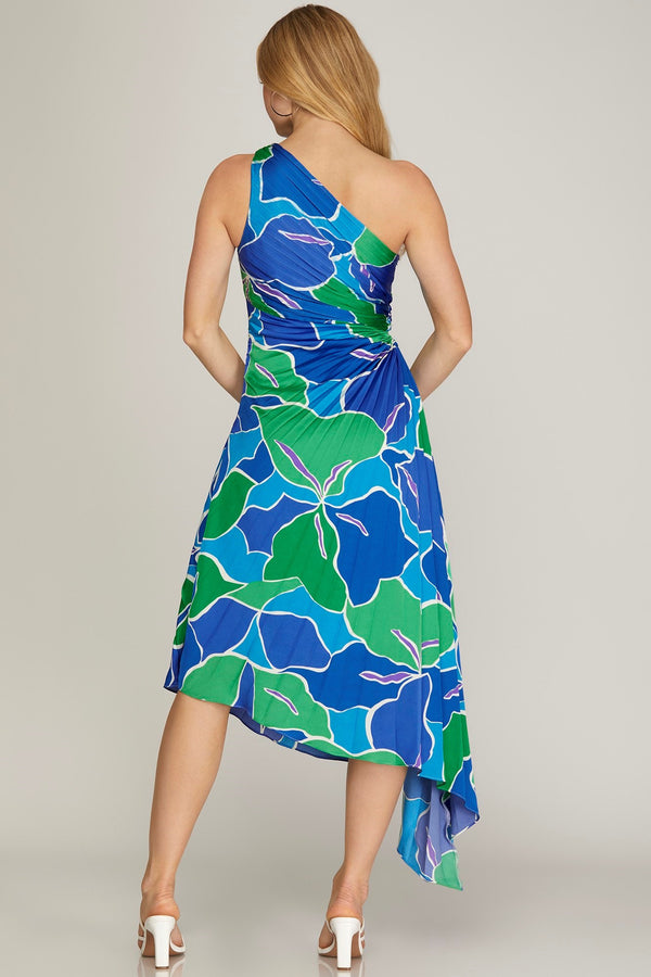 Take Me to the Tropics One Shoulder Dress - Blue and Green - ONLINE ONLY