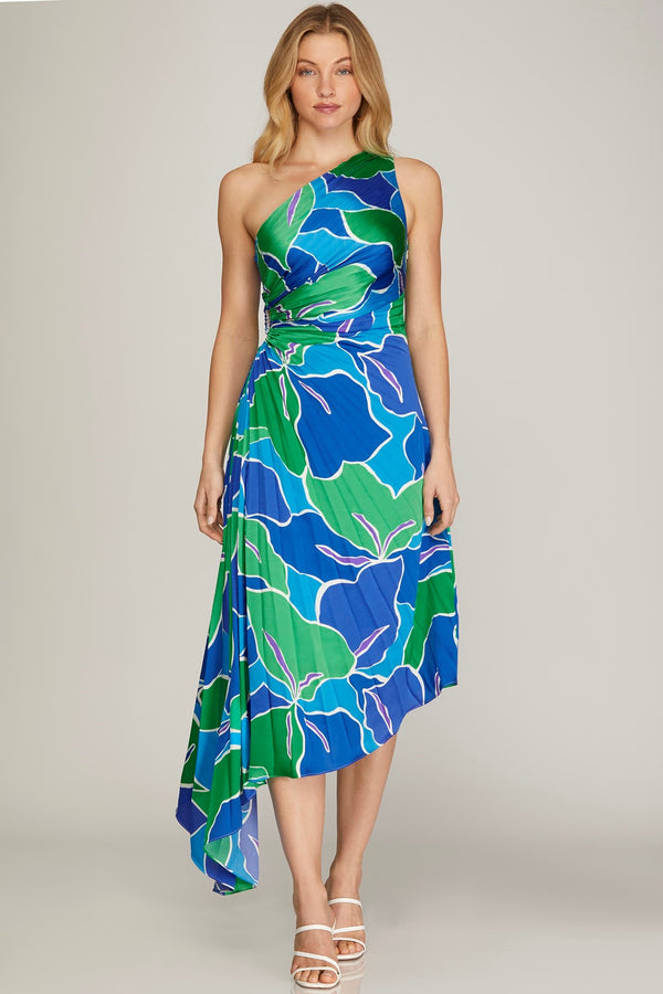 Take Me to the Tropics One Shoulder Dress - Blue and Green - ONLINE ONLY