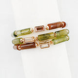 Olive and Brown Oval Stone and Crystal Beaded Set of 3 Stretch Bracelets