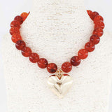 Brown 18MM Beaded with Gold Heart Charm 16"-18" Necklace