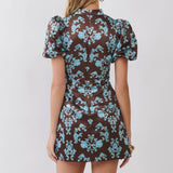 Damask Print Mandarin Collar Mini Dress