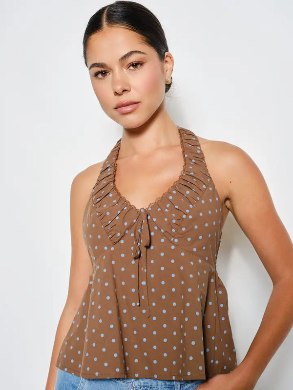 Brown And Blue Polka Dot Hazel Ruched Halter Top