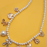 CHARM NECKLACE-BOW SUNFLOWER HEART PEARL CHAIN