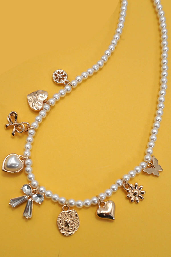 CHARM NECKLACE-BOW SUNFLOWER HEART PEARL CHAIN