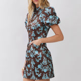 Damask Print Mandarin Collar Mini Dress