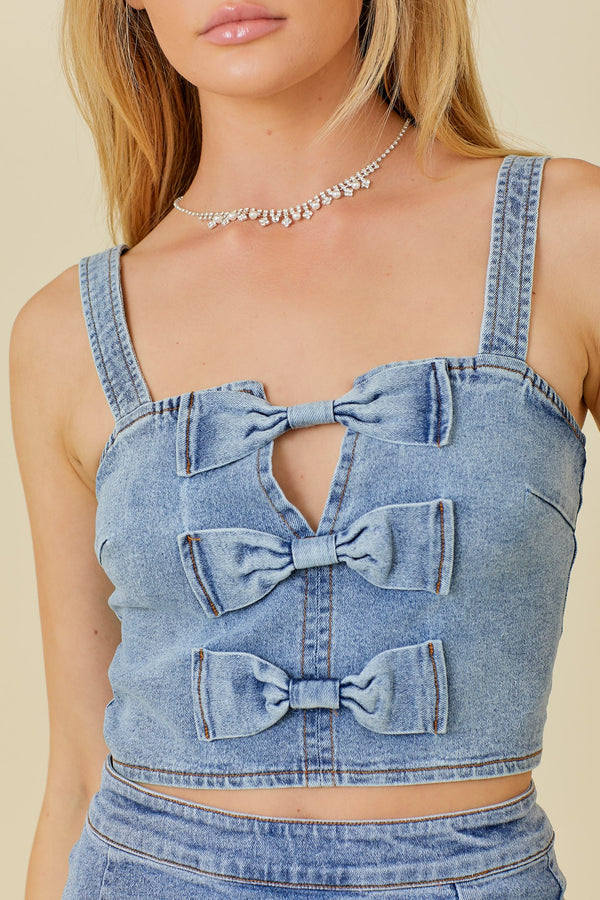 Denim Crop Top With Ribbon Bow Detail