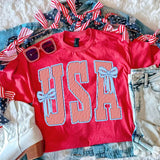 USA Stripe Letters and Bow Tee