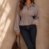 Pinstripe Smocked Waist Peplum Blouse