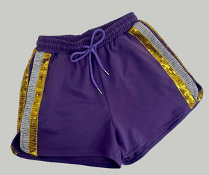 Purple Shorts with Gold and White Sequins