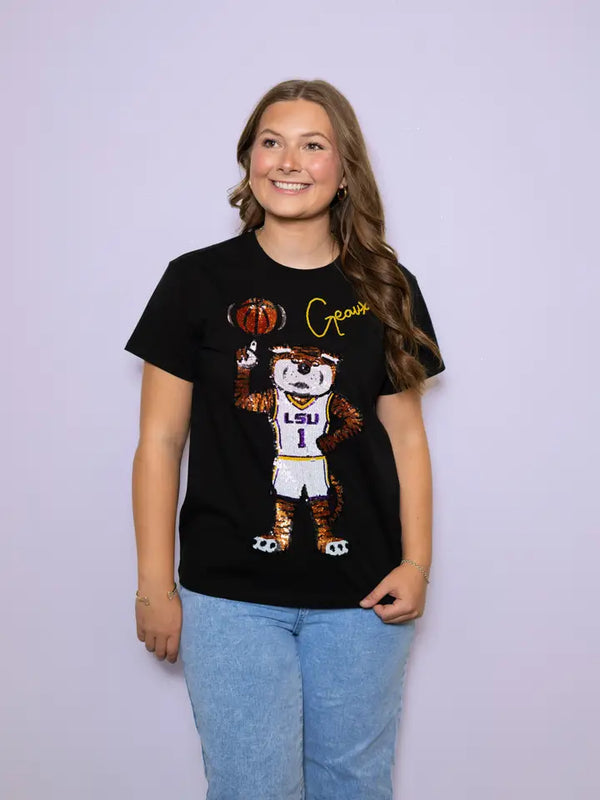 LSU Geaux Mike Basketball (Licensed) | Women's Sequin Tee