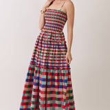 Autumn Rainbow Smocked Bodice Plaid Tiered Maxi Dress